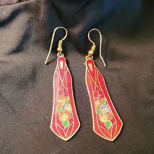 Vintage Cloisonne earrings. Deep red with flowers.